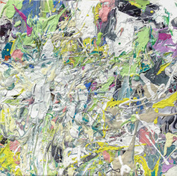 Rapid passages, drips and lines in pink, yellow, pastel green and dove gray are an extension of the artist's brush in this dynamic action pa…