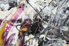 This highly gestural drip and gestural composition on paper balances a kaleidoscope of colour -- grape, magenta, orange, gold, green -- with… Image 5