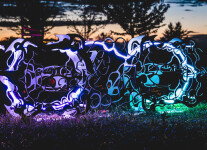 This outdoor metal sculpture of two turtles, inspired by an indigenous artist, lights up at night. Image 2