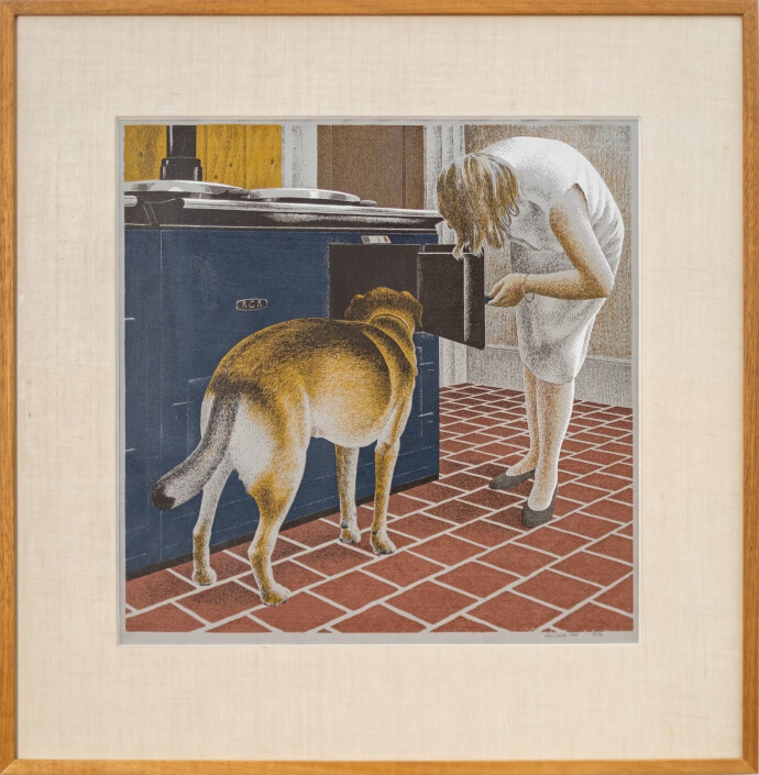 This contemporary limited edition print featuring a woman and a dog beside a kitchen stove is by Alex Colville.