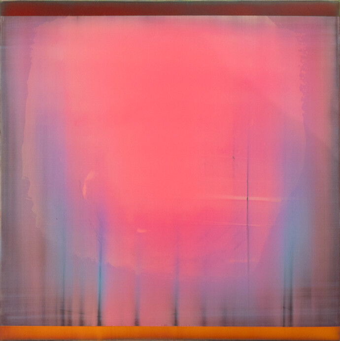 This contemporary abstract painting by Alice Teichert is rendered in shades of pink.
