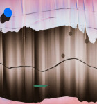 This colourfield, awash with peony pink, suspends a grey wave that appears as though it is passing through. Image 5