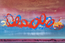 A brushed square of burnt orange rimmed in berry red moves out from the centre of this four-foot square acrylic canvas saturated with layers… Image 3