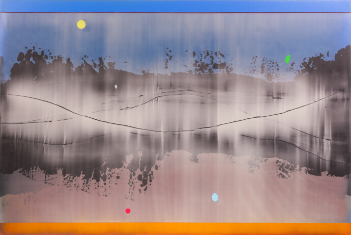 This large-scale acrylic abstract painting by Alice Teichert evokes images of time and space.