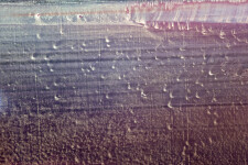 A brushed square of burnt orange rimmed in berry red moves out from the centre of this four-foot square acrylic canvas saturated with layers… Image 5