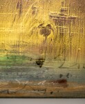 Layers of yellow-gold and sea green acrylic articulated with dynamic calligraphic taches unfold across this 4.5 feet long canvas like an ill… Image 5