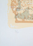 In this serigraph on paper, layers of soft yellow, pale peach and moss green provide an illuminated ground on which calligraphic gestures in… Image 4