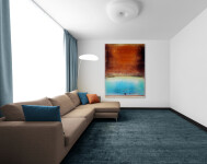 Enigmatic shapes and calligraphic lines dance across a flood of turquoise beneath a sky of burnished orange in this large scale painting by … Image 5