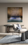 This contemporary abstract painting has a golden color palette. Image 10