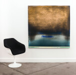 This contemporary abstract painting has a golden color palette. Image 9