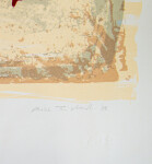 In this serigraph on paper, layers of soft yellow, pale peach and moss green provide an illuminated ground on which calligraphic gestures in… Image 6