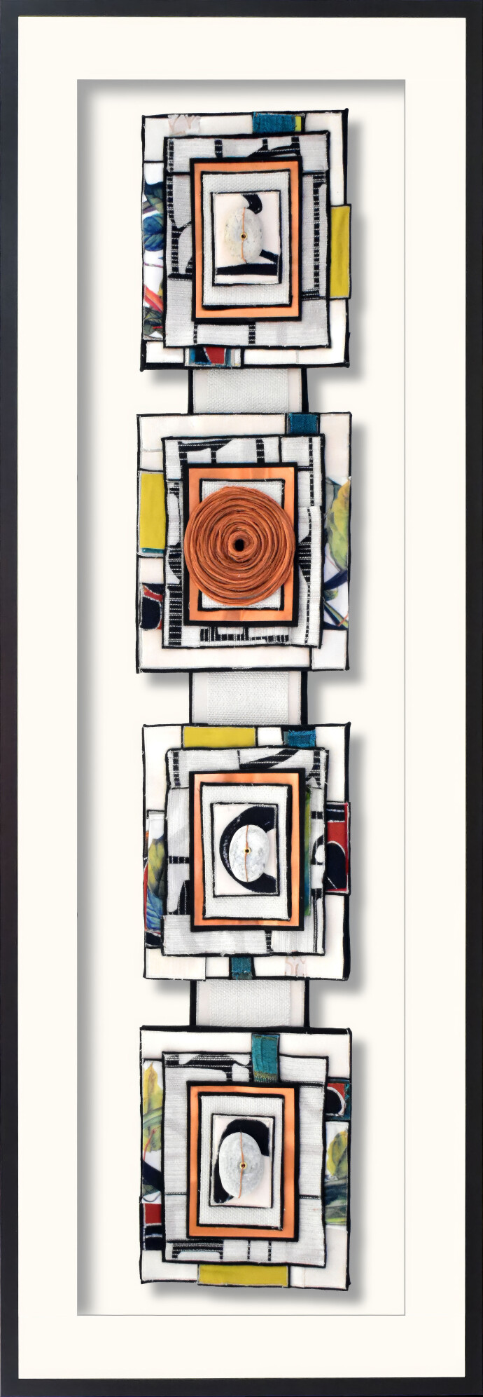 This contemporary mixed media assemblage is designed to be hung on the wall.