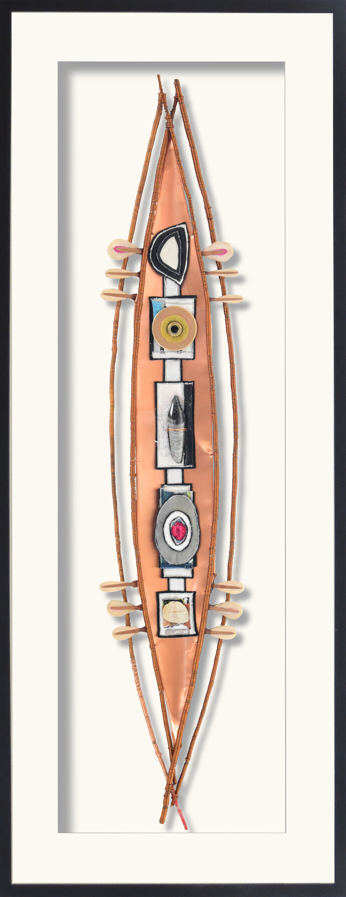 This mixed media contemporary wall composition resembles a vessel.
