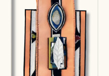 This mixed media contemporary assemblage resembles a vessel and is designed to be hung on a wall. Image 5