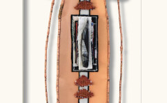 This mixed media contemporary assemblage resembles a vessel and is designed to be hung on a wall. Image 5