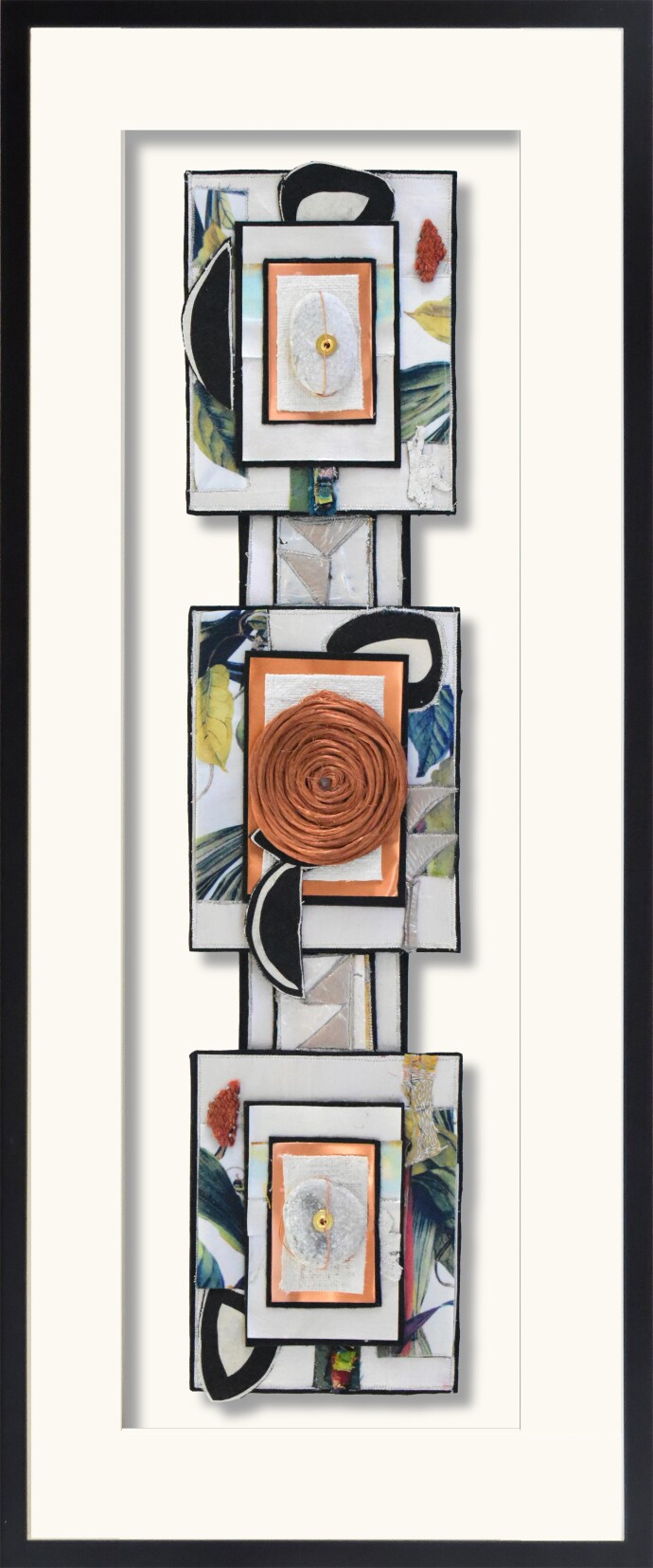 This contemporary mixed media assemblage features a botanical motif.