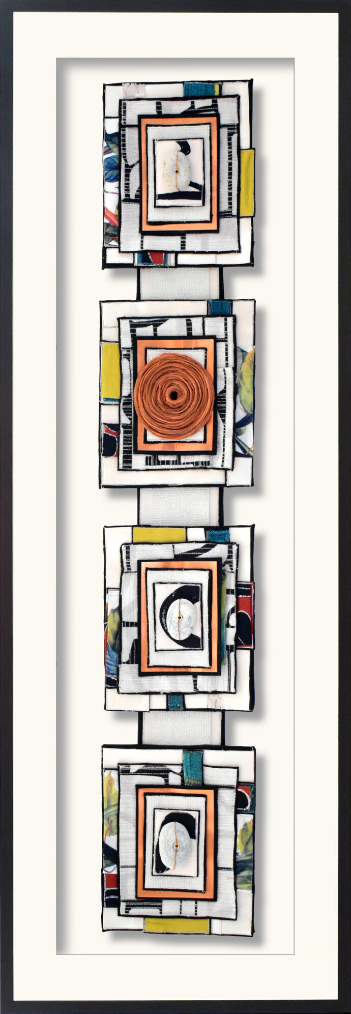 This contemporary mixed media assemblage is designed to be hung on the wall.