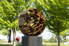 This monumental outdoor sculpture is rendered in a contemporary geometric form. Image 3