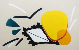 Two rounded oblongs in brilliant yellow push against a white leaf shape in this large, playful canvas.