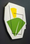 On a shaped white panel, Aron Hill plays with geometric form and bright colours—a lime green fan shape, a lemon-yellow gum drop shape, groun… Image 2