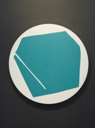 This graphic-based painting of an aqua polygon on a round, white panel is rimmed with gold leaf.