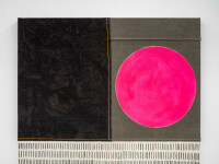 A joyful bright pink sun sits in one corner of this bold new work by Aron Hill. Image 5