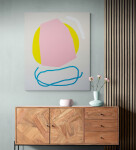 Calgary’s Aron Hill continues his exploration of colour and form in this fun minimalist painting. Image 5