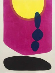Set on a magenta colour field, circular and cylindrical blue shapes descend from a hot yellow sun and appear to pool in a black oblong mass …