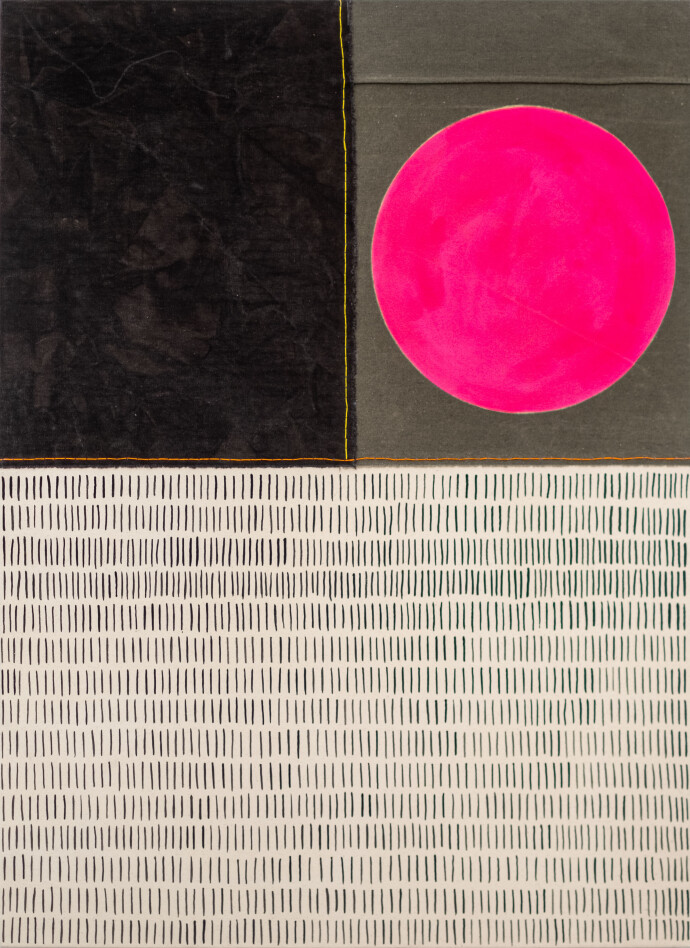 A joyful bright pink sun sits in one corner of this bold new work by Aron Hill.