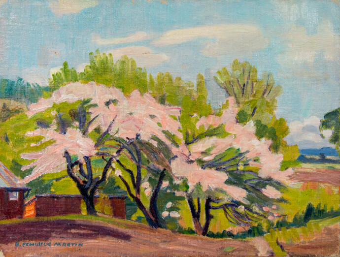 In this delightful impressionistic landscape by Bernice Martin, three apple trees in blossom announce the arrival of spring.