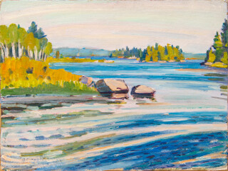The rugged beauty of the Muskoka region of Northern Ontario is depicted in this serenely beautiful oil painting by Canadian artist Bernice M…