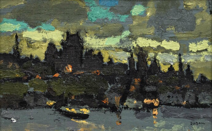 This semi-abstract expressionist oil painting captures the Quebec City skyline.
