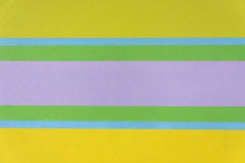 Horizontal bands of lemon yellow, rose pink and green float on a periwinkle ground in this acrylic painting by Burton Kramer. Image 3