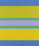 Horizontal bands of lemon yellow, rose pink and green float on a periwinkle ground in this acrylic painting by Burton Kramer. Image 4