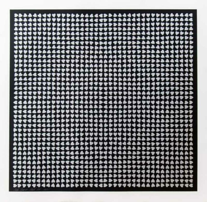 Small silver hearts in a precise geometric design on a black ground create an optical pattern of concentric squares.