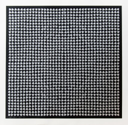 Small silver hearts in a precise geometric design on a black ground create an optical pattern of concentric squares.