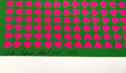 Small pink hearts in a precise geometric design on a bright green ground create an optical pattern of concentric squares in this editioned s… Image 2