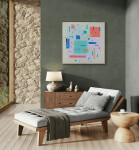 Rectangles and squares, large and small, in orange, mauve, blue and more, dance across a light green ground in this vibrant acrylic painting… Image 10