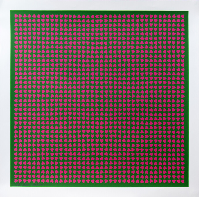 Small pink hearts in a precise geometric design on a bright green ground create an optical pattern of concentric squares in this editioned s…