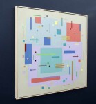 Rectangles and squares, large and small, in orange, mauve, blue and more, dance across a light green ground in this vibrant acrylic painting… Image 2