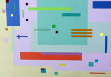 Rectangles and squares, large and small, in orange, mauve, blue and more, dance across a light green ground in this vibrant acrylic painting… Image 8