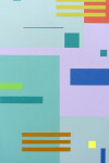 Rectangles and squares, large and small, in orange, mauve, blue and more, dance across a light green ground in this vibrant acrylic painting… Image 9