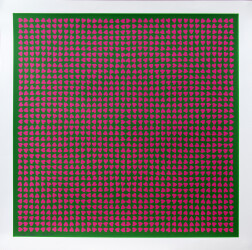Small pink hearts in a precise geometric design on a green ground create an optical pattern of concentric squares.