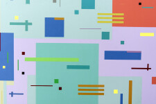 Rectangles and squares, large and small, in orange, mauve, blue and more, dance across a light green ground in this vibrant acrylic painting… Image 4