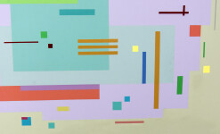 Rectangles and squares, large and small, in orange, mauve, blue and more, dance across a light green ground in this vibrant acrylic painting… Image 7