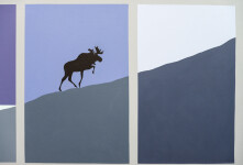In this panoramic view of the Canadian wilderness by Charles Pachter—a lone moose climbs a mountain framed by a lake and sky. Image 6