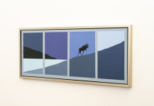 In this panoramic view of the Canadian wilderness by Charles Pachter—a lone moose climbs a mountain framed by a lake and sky. Image 3