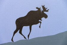 In this panoramic view of the Canadian wilderness by Charles Pachter—a lone moose climbs a mountain framed by a lake and sky. Image 9