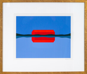 This pop art print is a colorful image of a barn made by Charles Pachter.