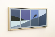 In this panoramic view of the Canadian wilderness by Charles Pachter—a lone moose climbs a mountain framed by a lake and sky. Image 4